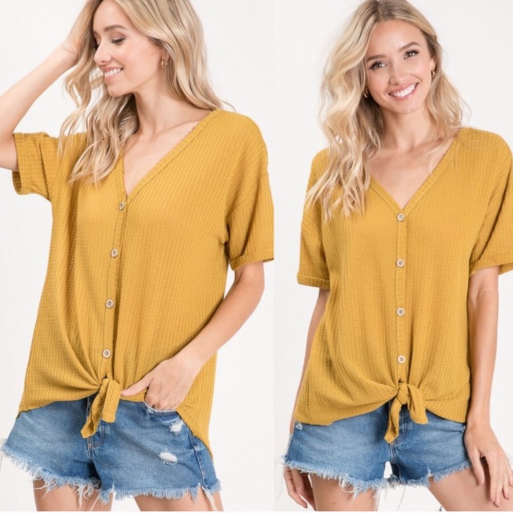 Waffle knit mustard yellow top. - Picture 2 of 5